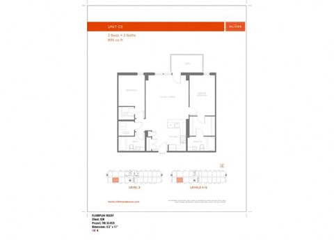 Floor plan for 2 beds, 2 baths, 887 sqft